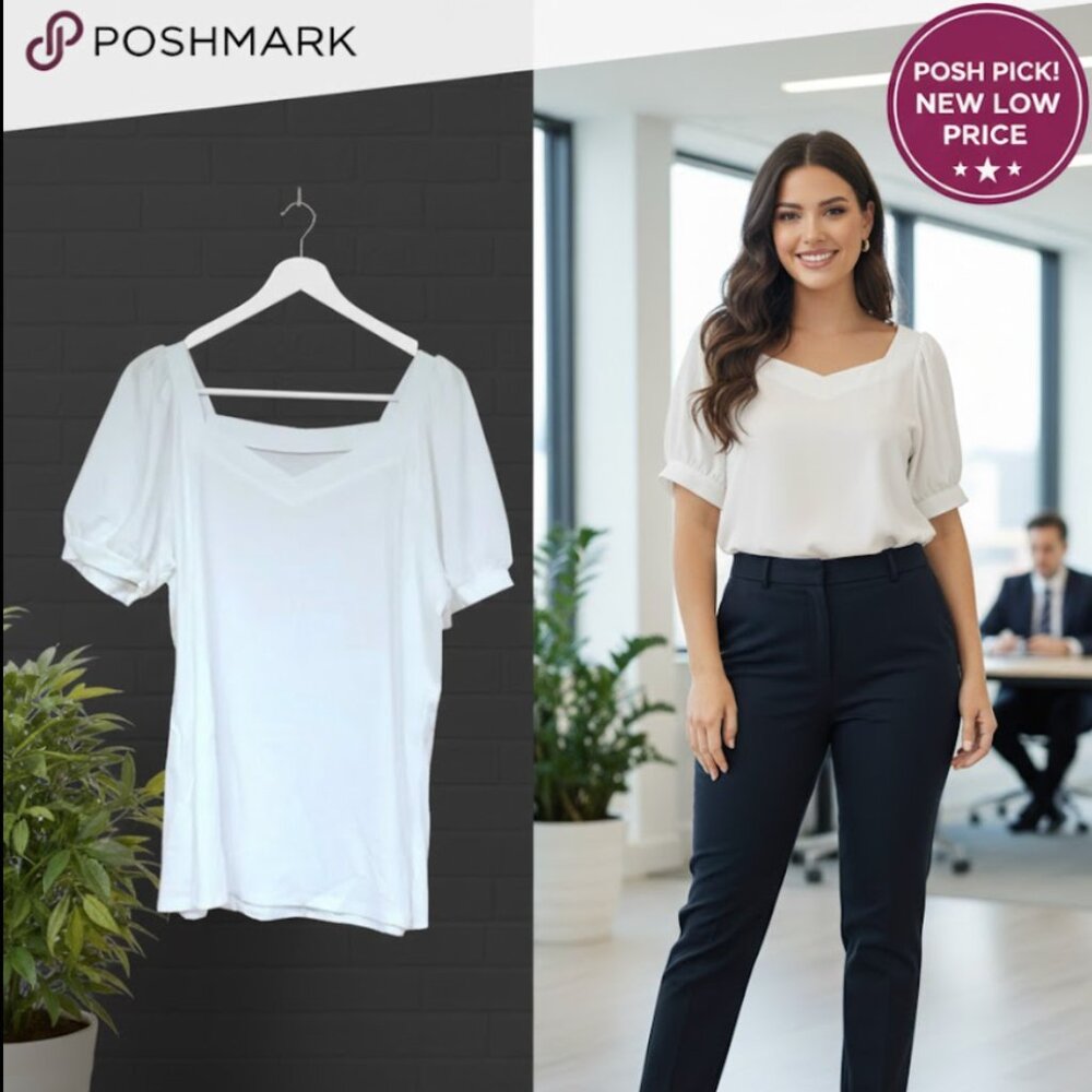 NEW White Size L Women's Tops Casual Sweetheart Neckline Puff Sleeve Tops - Picture 1 of 6